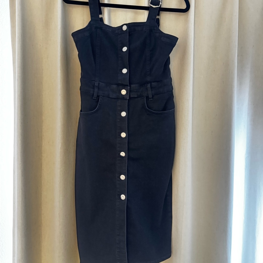 Zara Black Denim Midi Dress with White Buttons